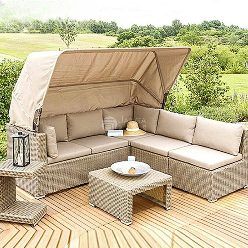 Outdoor villa swimming pool rattan sofa lying on the bed courtyard balcony leisure rattan chair coffee table combination
