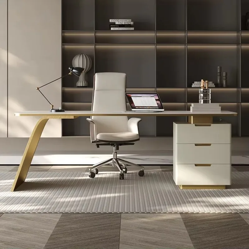 Light Luxury Modern Marble Top Computer Office Desk and Chair High Quality Stainless Steel Executive Home Office Furniture Desk