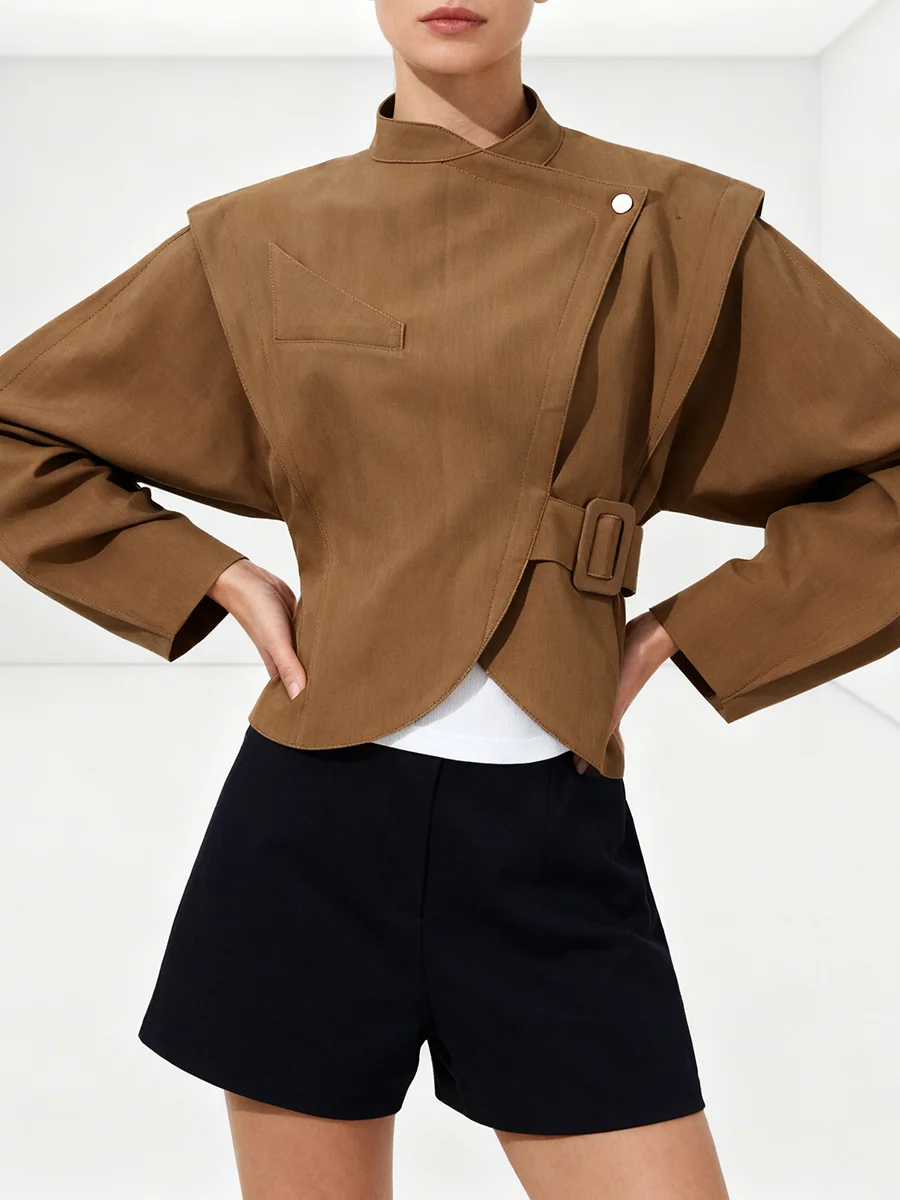 VGH Solid Temperament Loose Spliced Lace Up Short Jackets For Women Stand Collar Long Sleeve Autumn Designer Party Coat Female