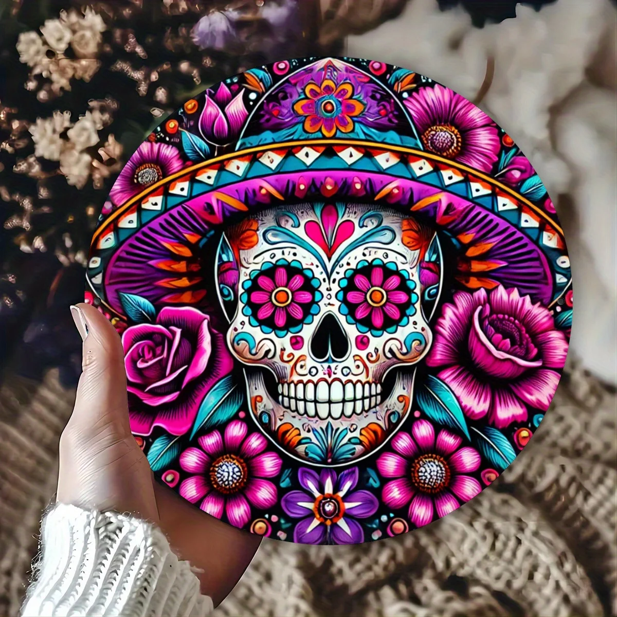 2D Flaches Sombrero-Zuckerschädel-Blumen-Metallschild, Lebendige Dia de los Muertos Rosenblumen-Wanddekoration, Mexikanischer Tag der Toten