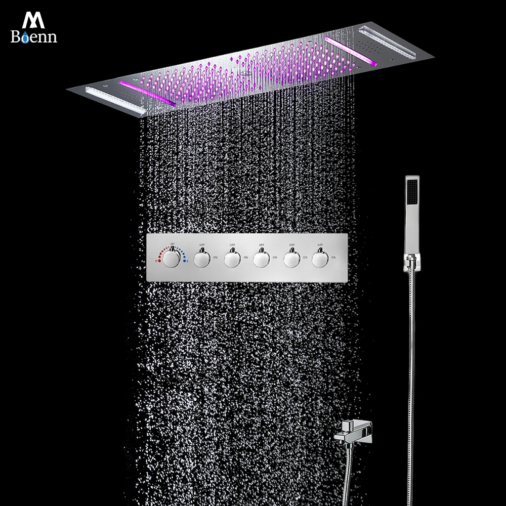 

M Boenn Brushed Nickel 5 Functions Shower System Embedded Ceiling 900*300 mm Shower Head Smart Thermostat Bathroom Shower Faucet