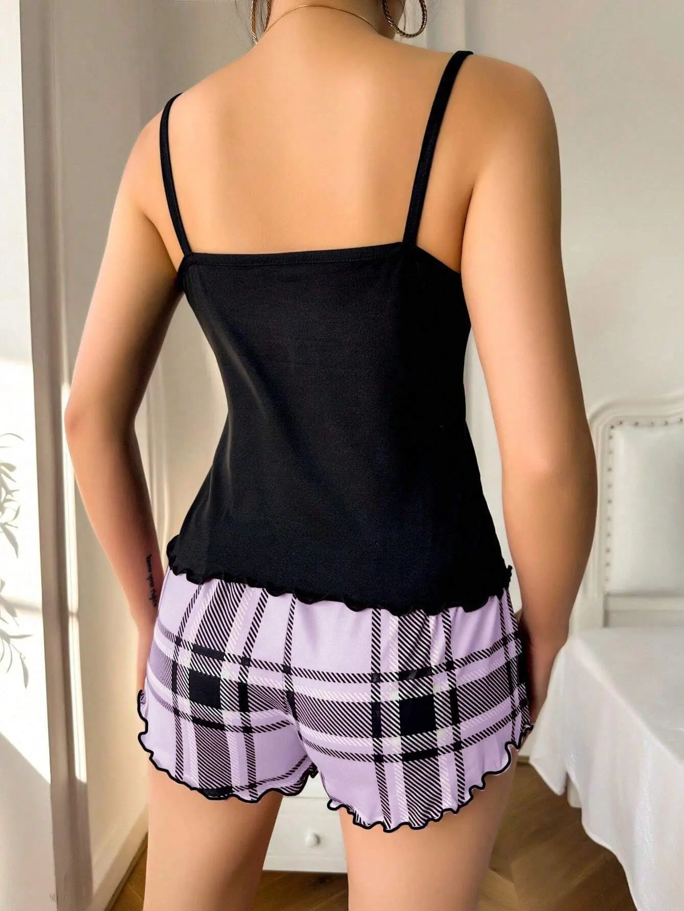 Frauen Sexy Hosenträger Shorts Dünne Pyjamas Brief Drucken Plaid Shorts Große Pyjamas Romantische Hause Tragen Sexy Nachtwäsche Kurze Pyjama – Detail 15