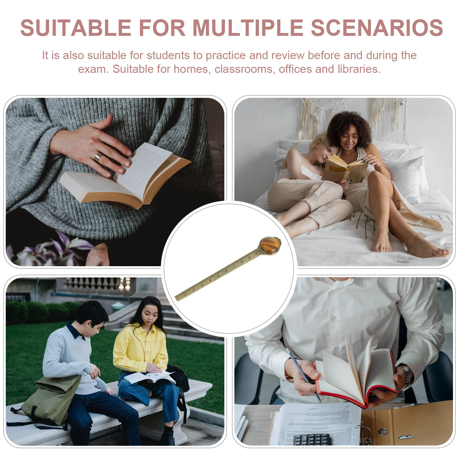 Semi-Precious Stone Bookmark Creative Alloy Ruler Reading Tool For Students School Office Home Stationery Gift