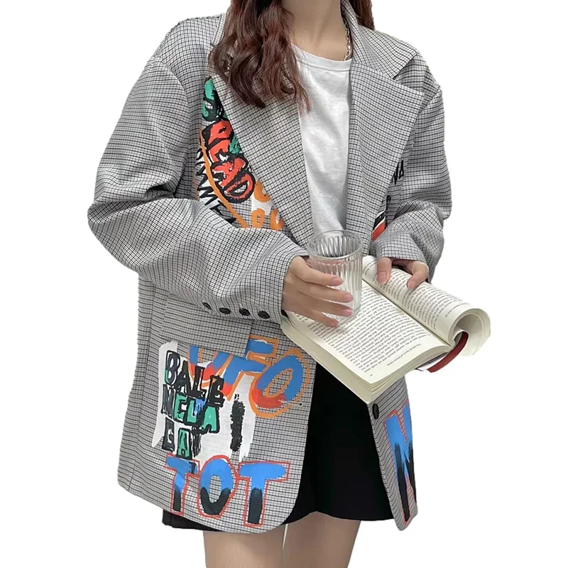 

Graffiti Letters British Style Blazer Women Mid Long Suit Jacket Coat Female Spring Autumn Loose Plaid Ladies Blazers Streetwear