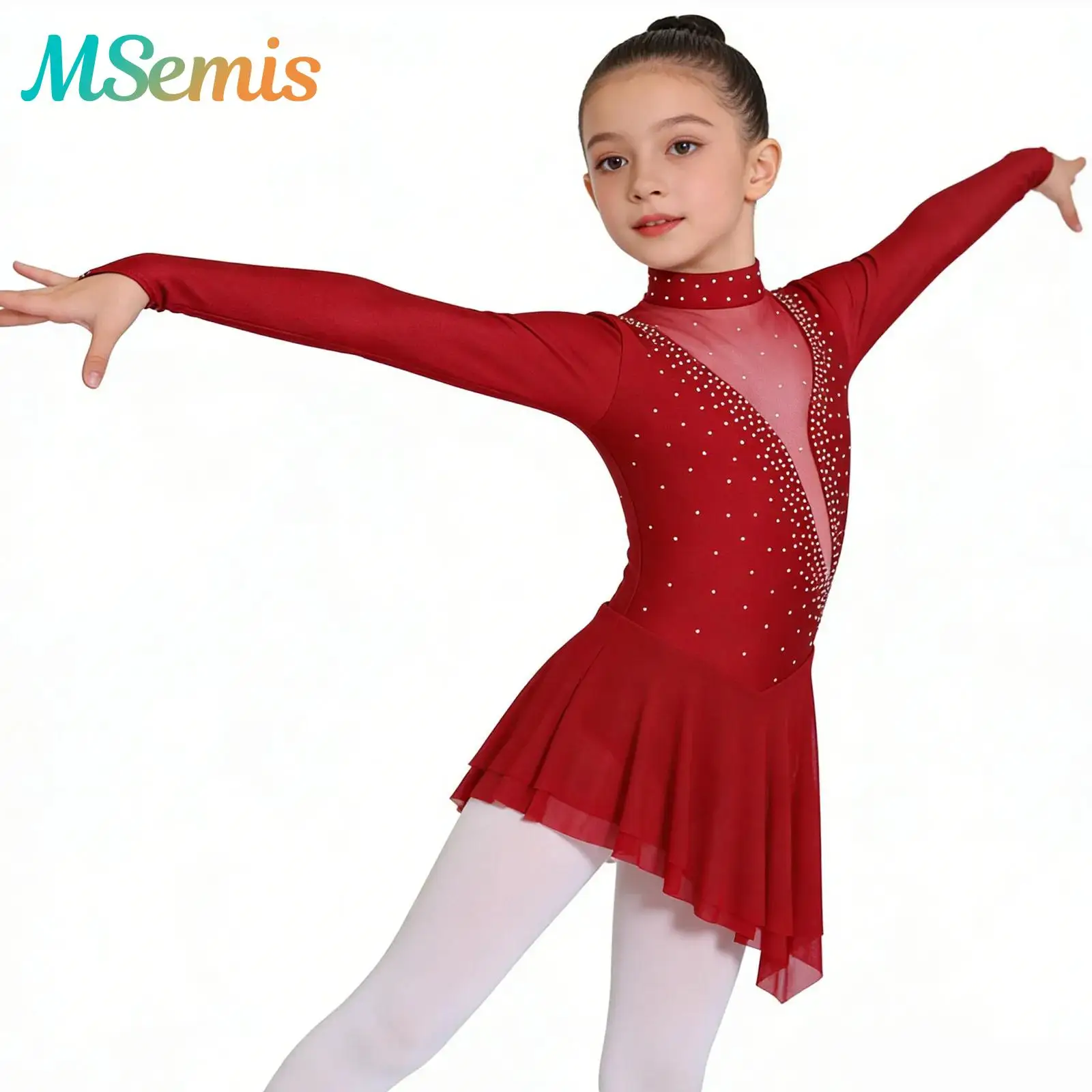 

Kids Girls Gymnastics Figure Skating Dress Sheer Mesh Glittery Rhinestones Ballet Tutu Dress Lyrical Dance Performance Costume