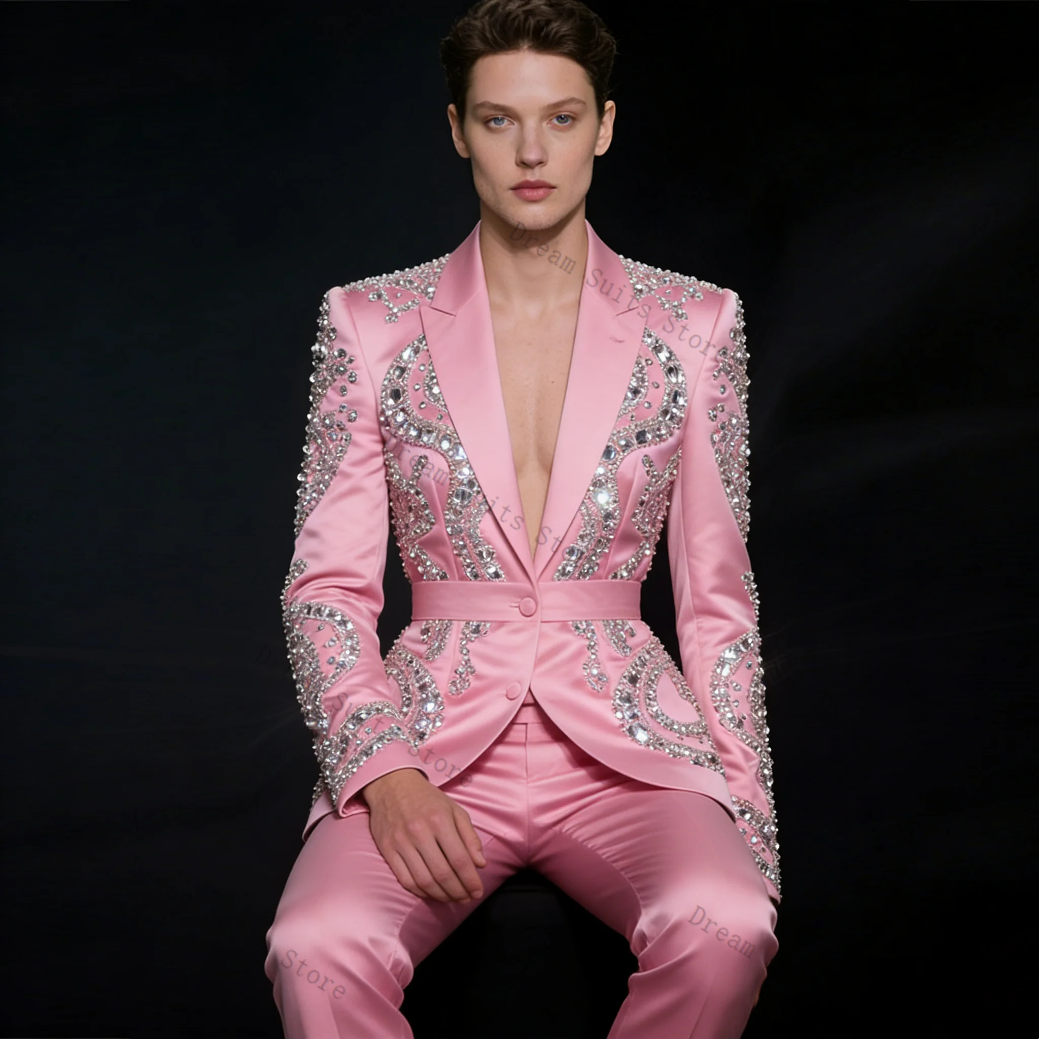 

Pink Satin Men Suit Set 2 Pcs Blazer+Pants Trousers Belted Customized Spring Formal Office Jacket Wedding Tuxedos Prom Coat