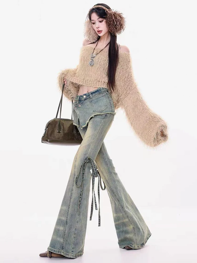 Vintage Wash Flare Jeans Y2k Japanische Streetwear Bow Lace Up Denim Hosen Hohe Taille Slim All Match Cowboy Hosen Neu