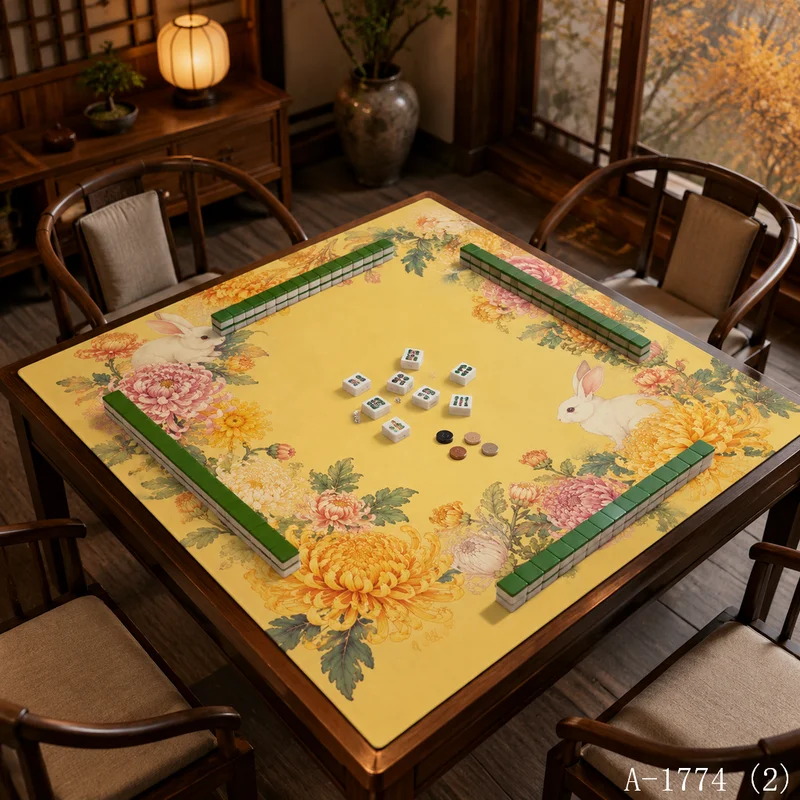 VIKAMA Peony Chrysanthemum Rabbit Mahjong Table Mat Non Slip Square Game Pad Traditional Oriental Game Table Decor Pad