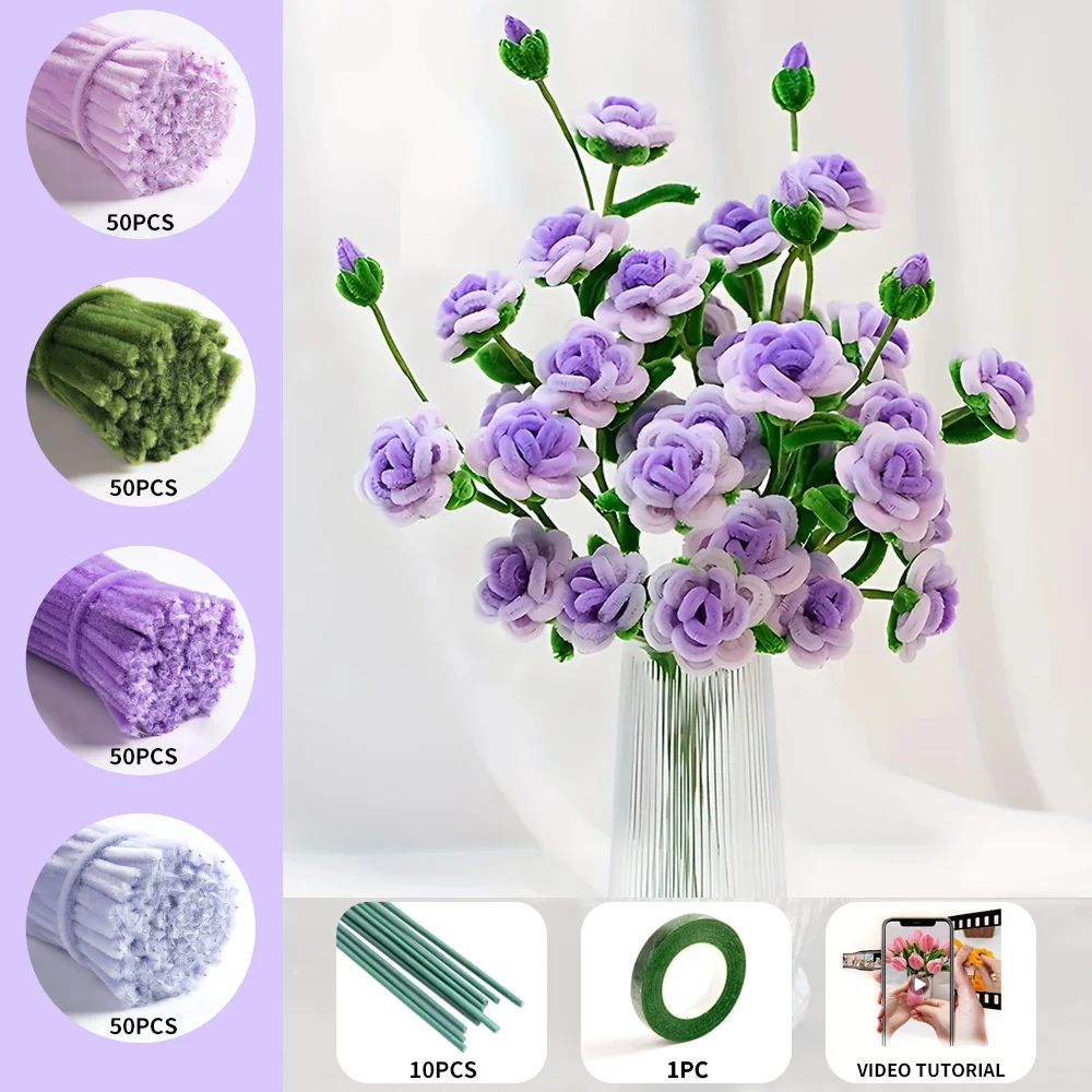 211 Multi-head Rose Pipe Cleaner Set, containing 200 pipe cleaners, 10 flower stems, 1 roll of tape, upgraded DIY crafts set view 6