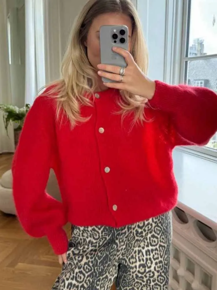 

BKQU 2025 New Knitted Single Breasted Cardigan Women Casual Solid O-neck Long Sleeve Warm Soft Mohair Sweater Knitwear Coat Fall