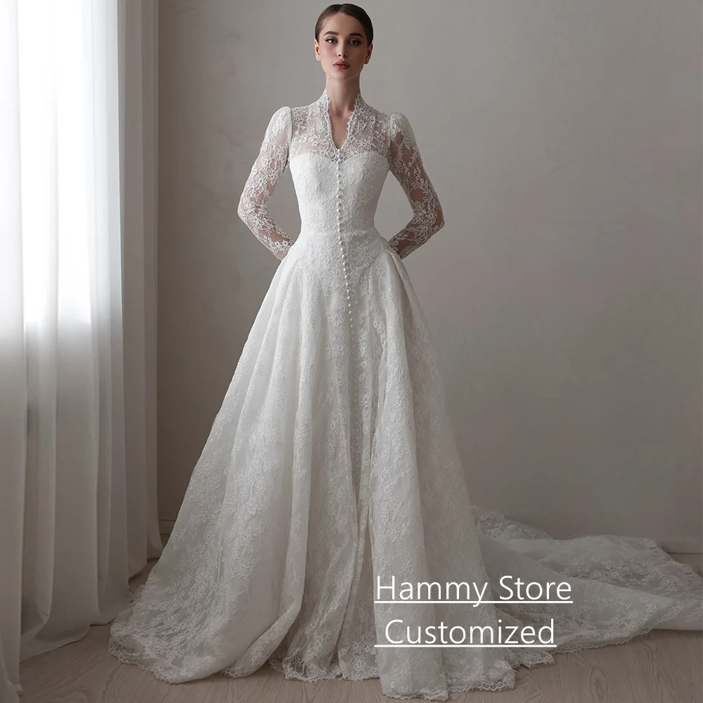 Luxuriöses Spitzen-Hochzeitskleid, Brautkleid, maßgeschneidert, V-Ausschnitt, lange Ärmel, Hofschleppe, saudi-arabische Brautkleider für Damen