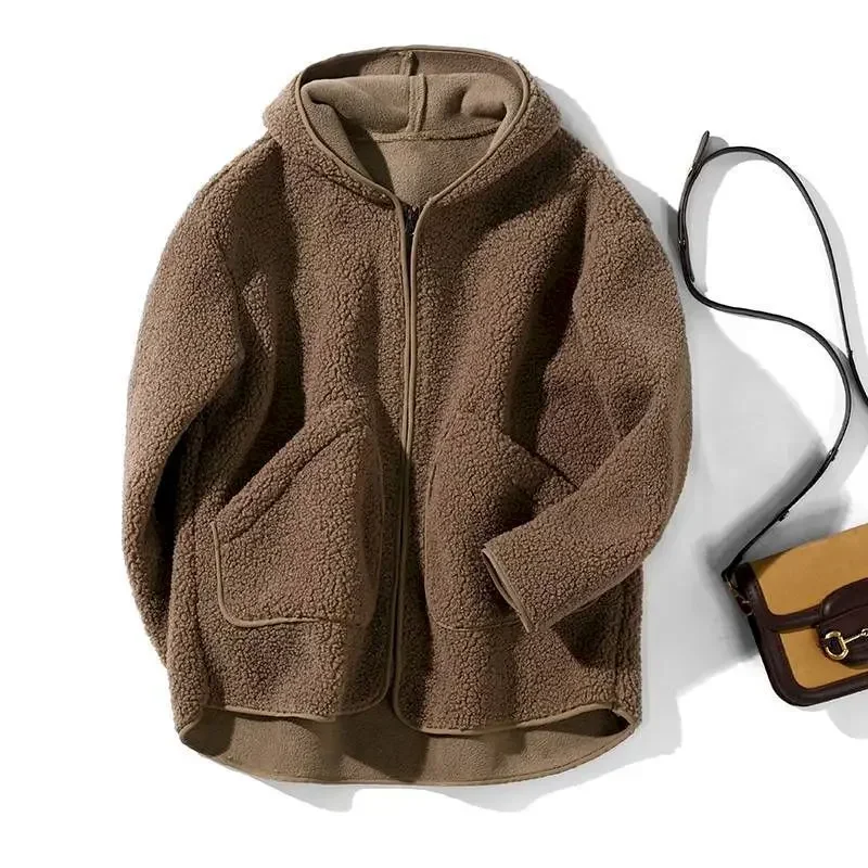 

Lamb Wool Hooded Coats Women Spring Autumn Trendy Cardigan Hoodie Jackets Korean Polar Fleece Thicken Loose Short Jacket Woman