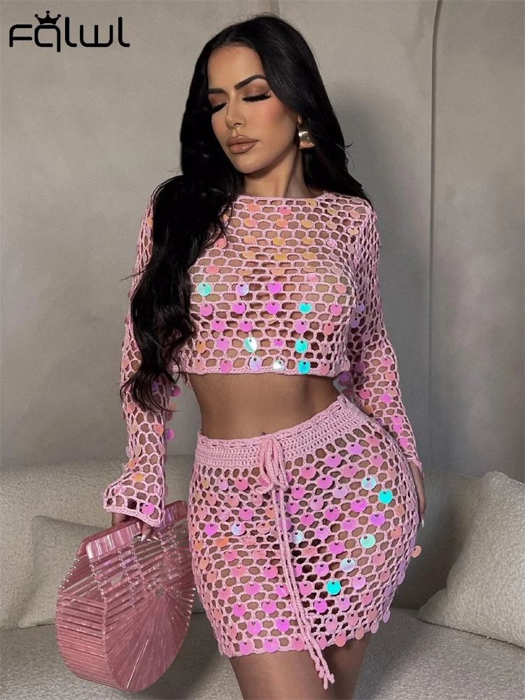 

Habbris Summer Pink Sequins Crochet 2 Two Piece Sets Beach Outfits Women 2024 Sexy See Through Fishnet Crop Top Skirt Sets