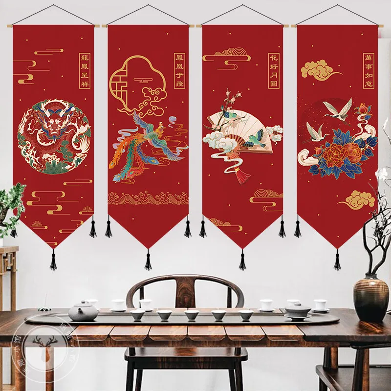 Chinese Fabric Wall Tapestry, Background Hanging Cloth Wall‑Blemish Concealing Decor for Bed‑and‑Breakfast Room Home Arrangement
