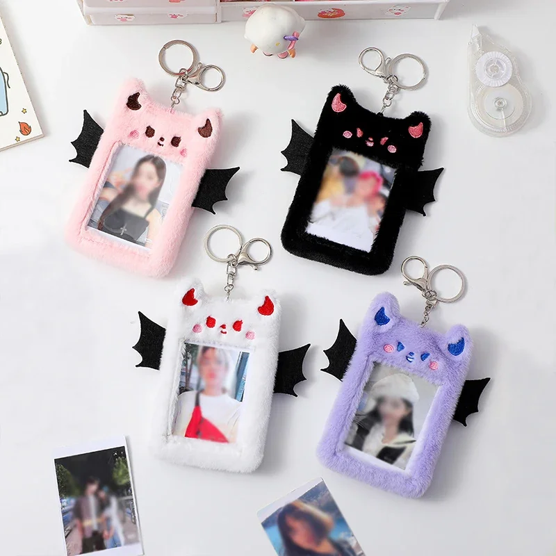 Fuzzy Plush Photocard Holder Cute Wing Demon Card Set for Girls Students Bag Pendant School Stationery Pendant Gifts