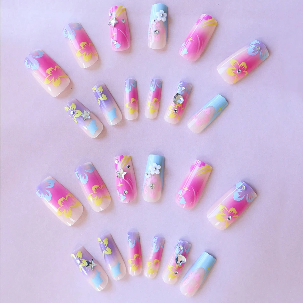 144pcs/6set-1 Instantly Upgrade Your Look With Long Ballerina Pink Yellow Green Red Cherry Blossom Green Leaf Design Fake Nails