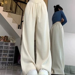 Autumn Winter Fashion Elastic Waist Drawstring Solid Corduroy Women's Clothing Pocket Casual Wide Leg Trousers All-match Pants