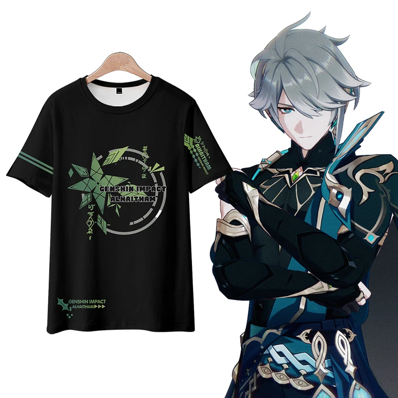 Camiseta de gran tamaño con estampado 3D de Anime Genshin Impact, camiseta divertida de manga corta con cuello redondo, camisetas gráficas, disfraz de Cosplay de Alhaitham