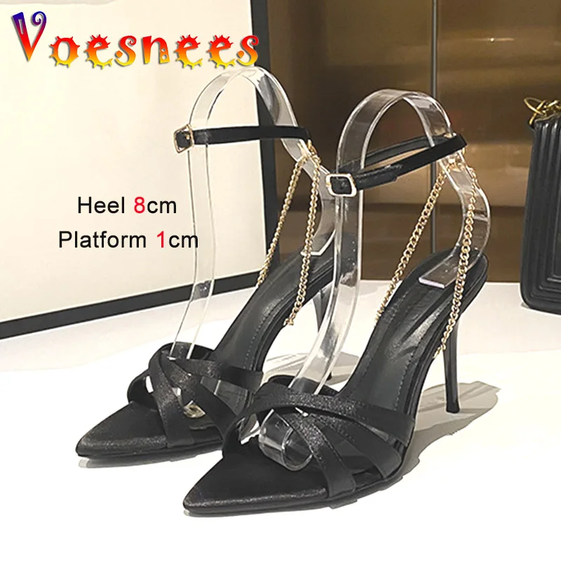 

Brand Party Dress Shoes Women Fashion Metal Chain Sandals 8CM Quality Silk Sexy Office High Heels Summer Pointed Wedding Pumps