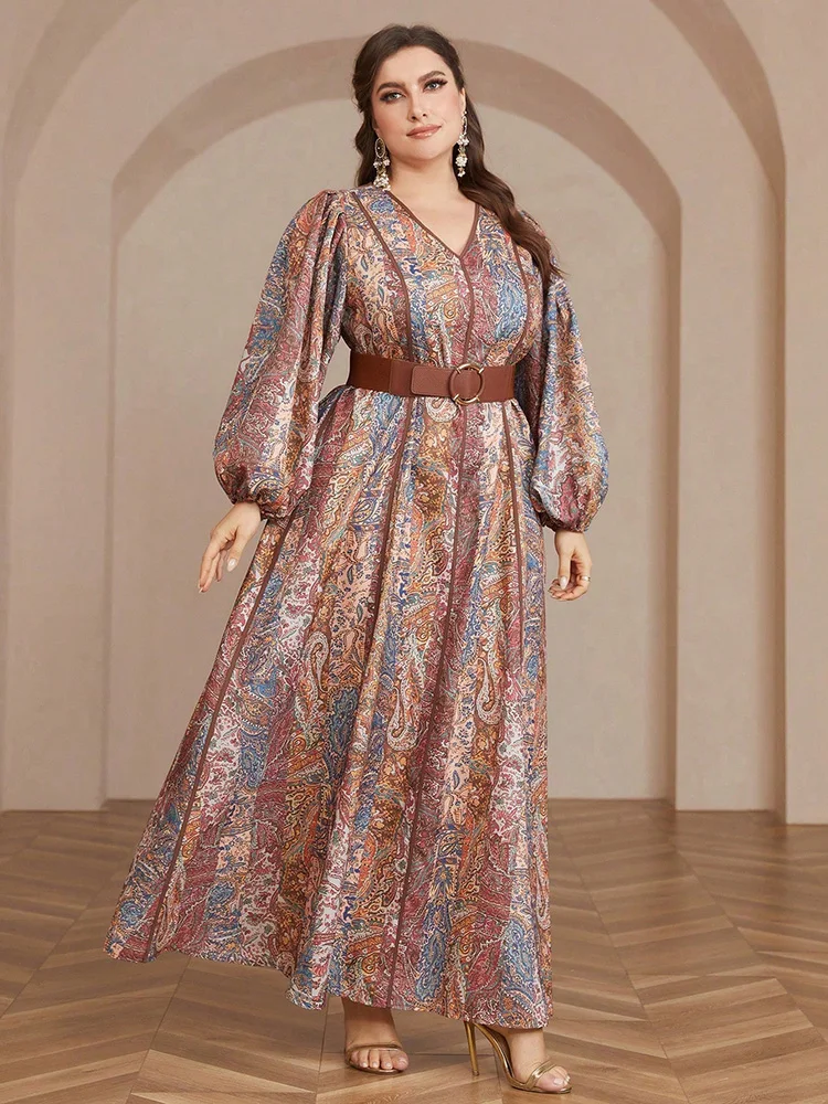 

TOLEEN 2024 New Summer Plus Size Women's Lantern Sleeve Long Dresses With Paisley Print Fashion Bohemian Elegant Belted Clothing