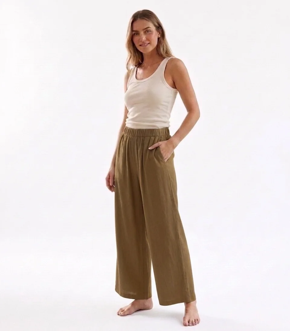 Calças Largas de Algodão e Linho para Mulheres, Cintura Alta Elástica, Calças Soltas com Pregas e Bolsos, Cor Sólida, Estilo Boho de Verão