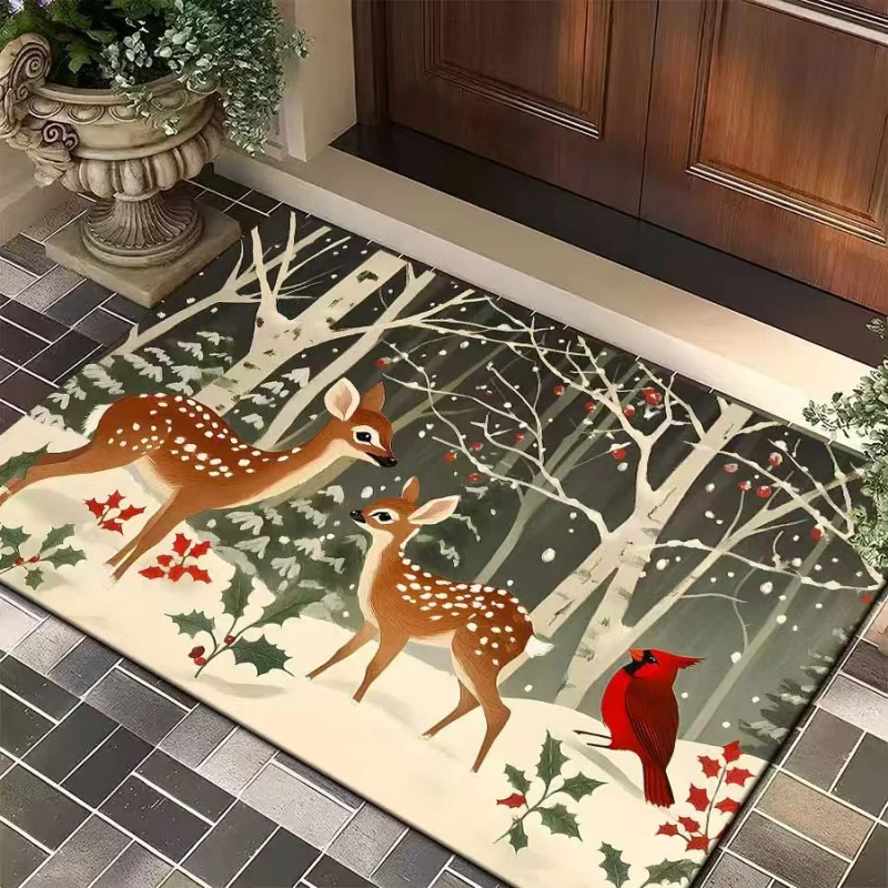 VIKAMA Winter Christmas Doormat Deer Cardinal Forest Holly Pattern Non Slip Rug Indoor Entry Xmas Festival Home Decor Carpet