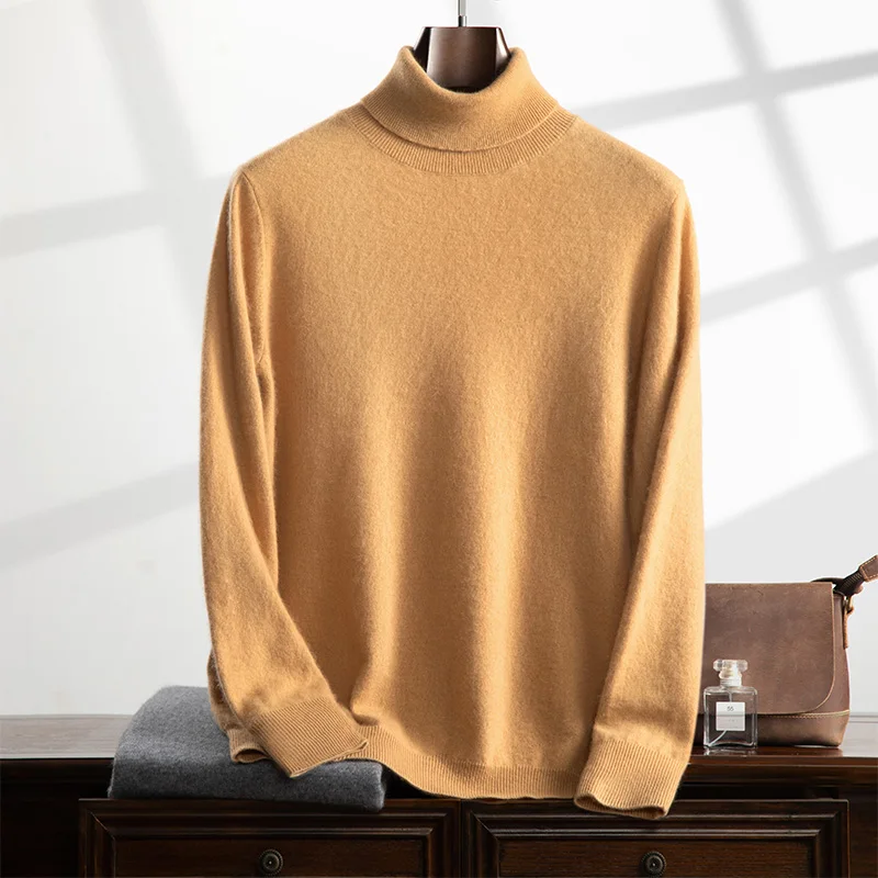 100% Cashmere Men's Sweater Spring Autumn New Thin Top Knitted Lapel Pullover Solid Color Long Sleeve Bottom Shirt Menswear