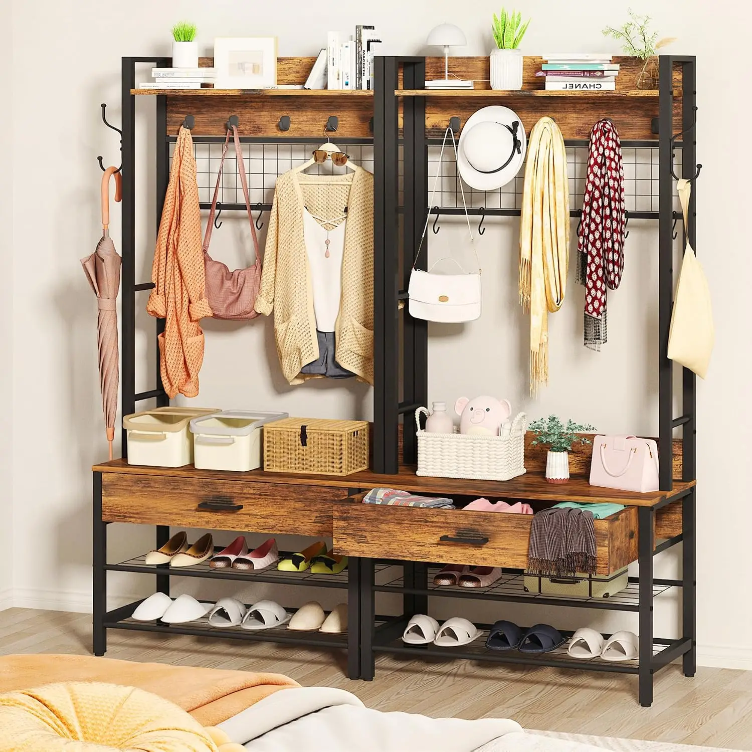 Wood Hall Tree with Bench & Shoe Storage, 5-in-1 Coat Rack with 12 Hooks for Entryway Mudroom Bedroom, Customized
