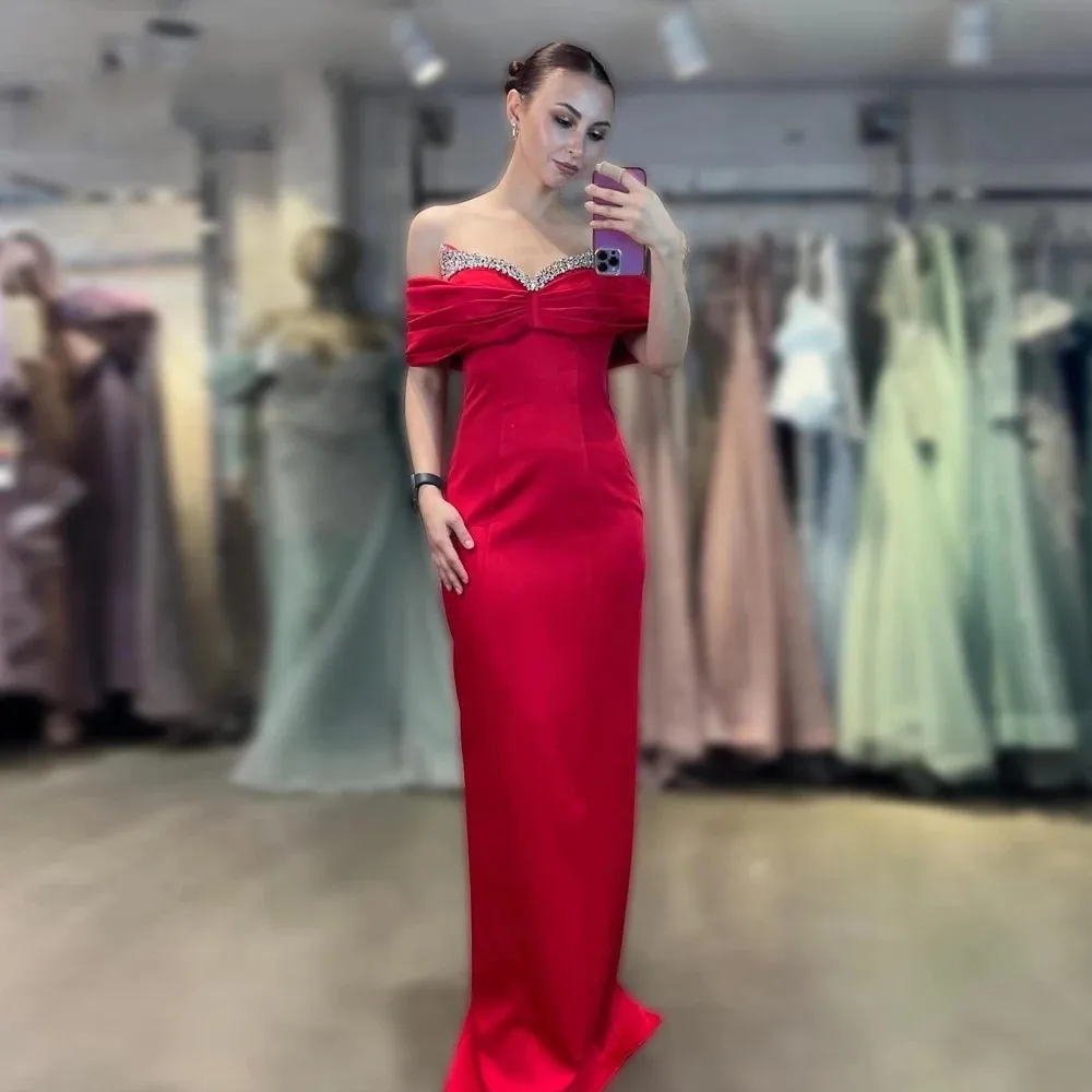 Elegant Fuchsia Evening Dress  Off the Shoulder Beading Satin Sheath Long Prom Formal Gowns Birthday Robe De Soiree