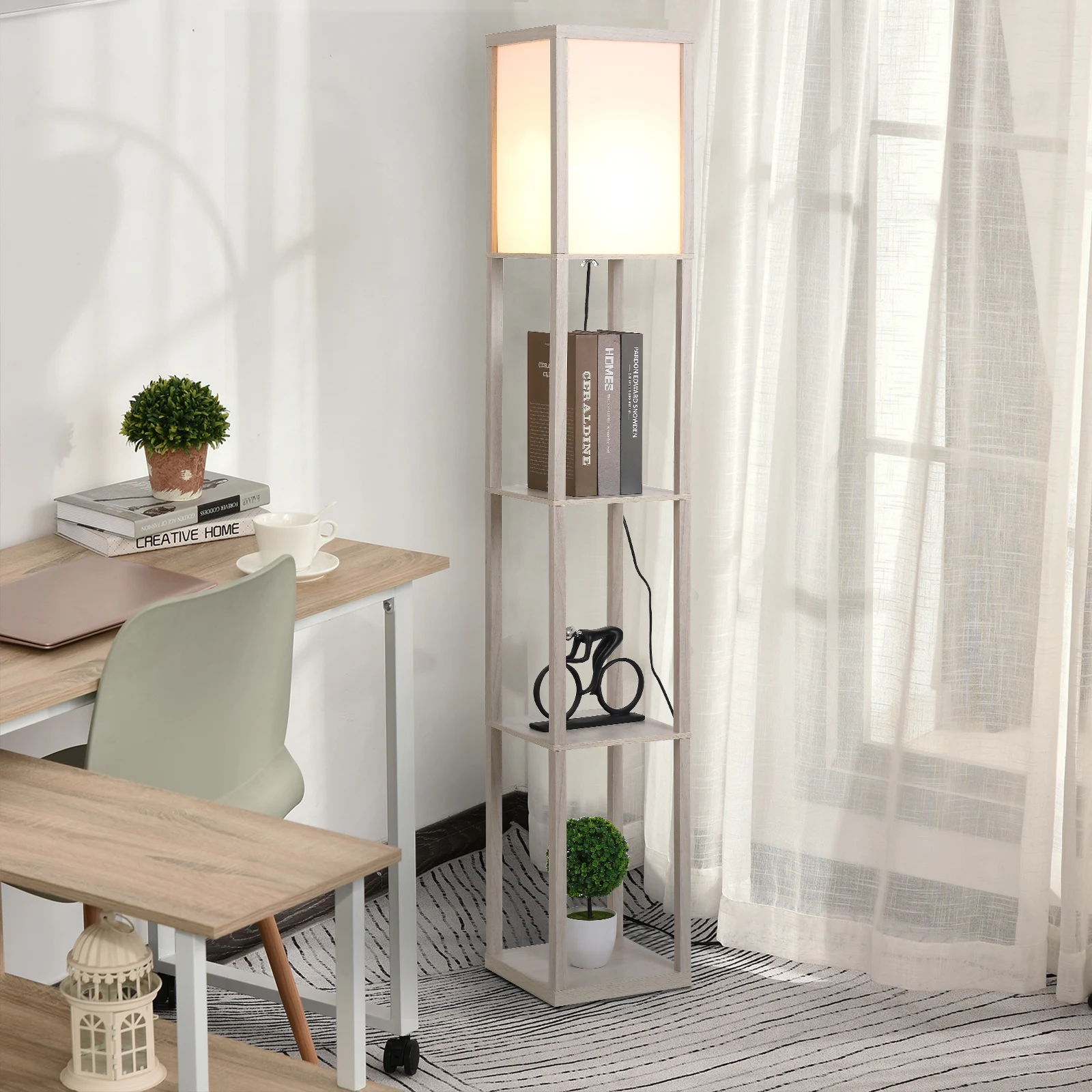 HOMCOM floor lamp with 3 shelves for bulb E27 Power Max. 40W oak and