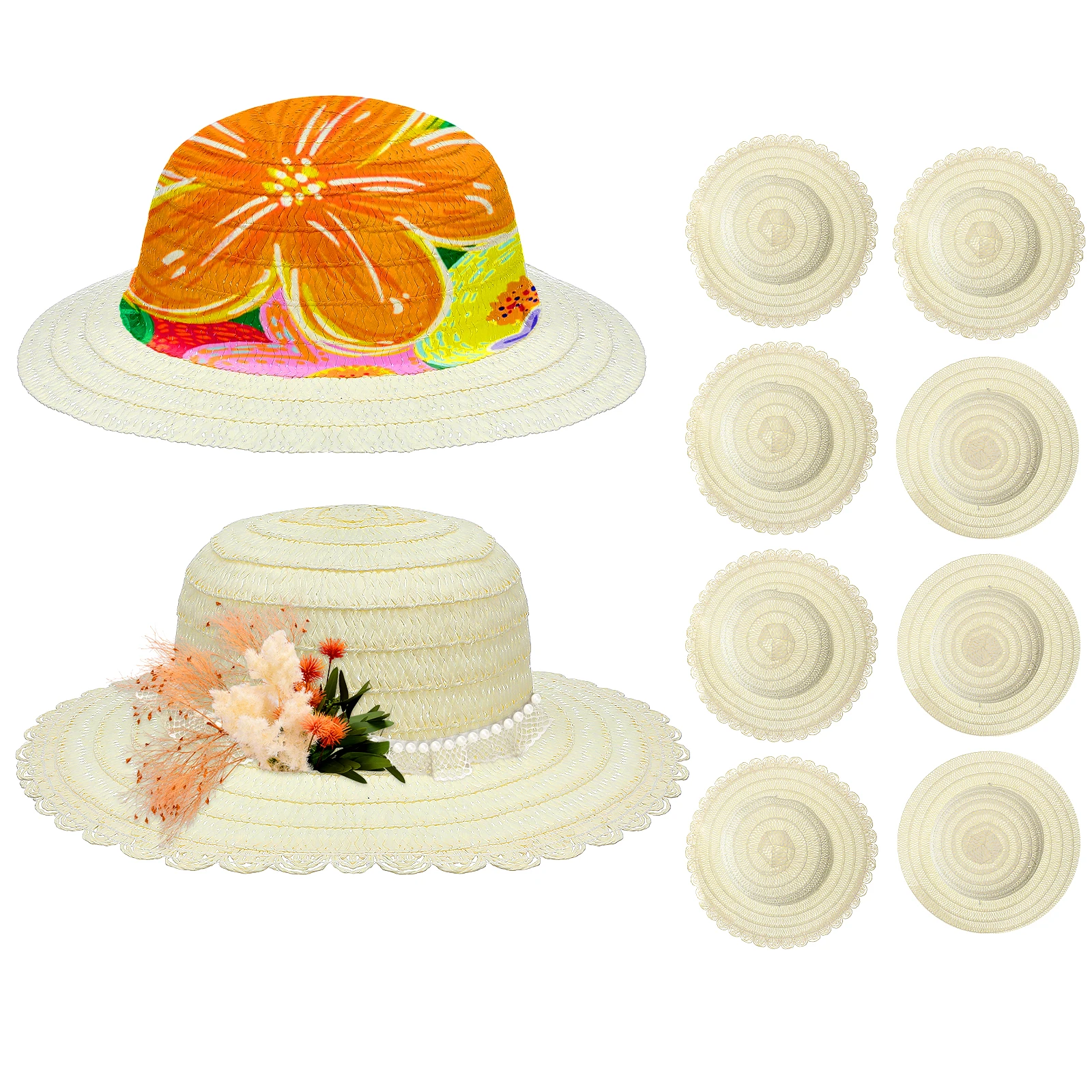 

8pcs Kids Straw Hats for Crafts Unpainted DIY Painting Projects Children Supplies Plain Bulk Decorate Sun Grass