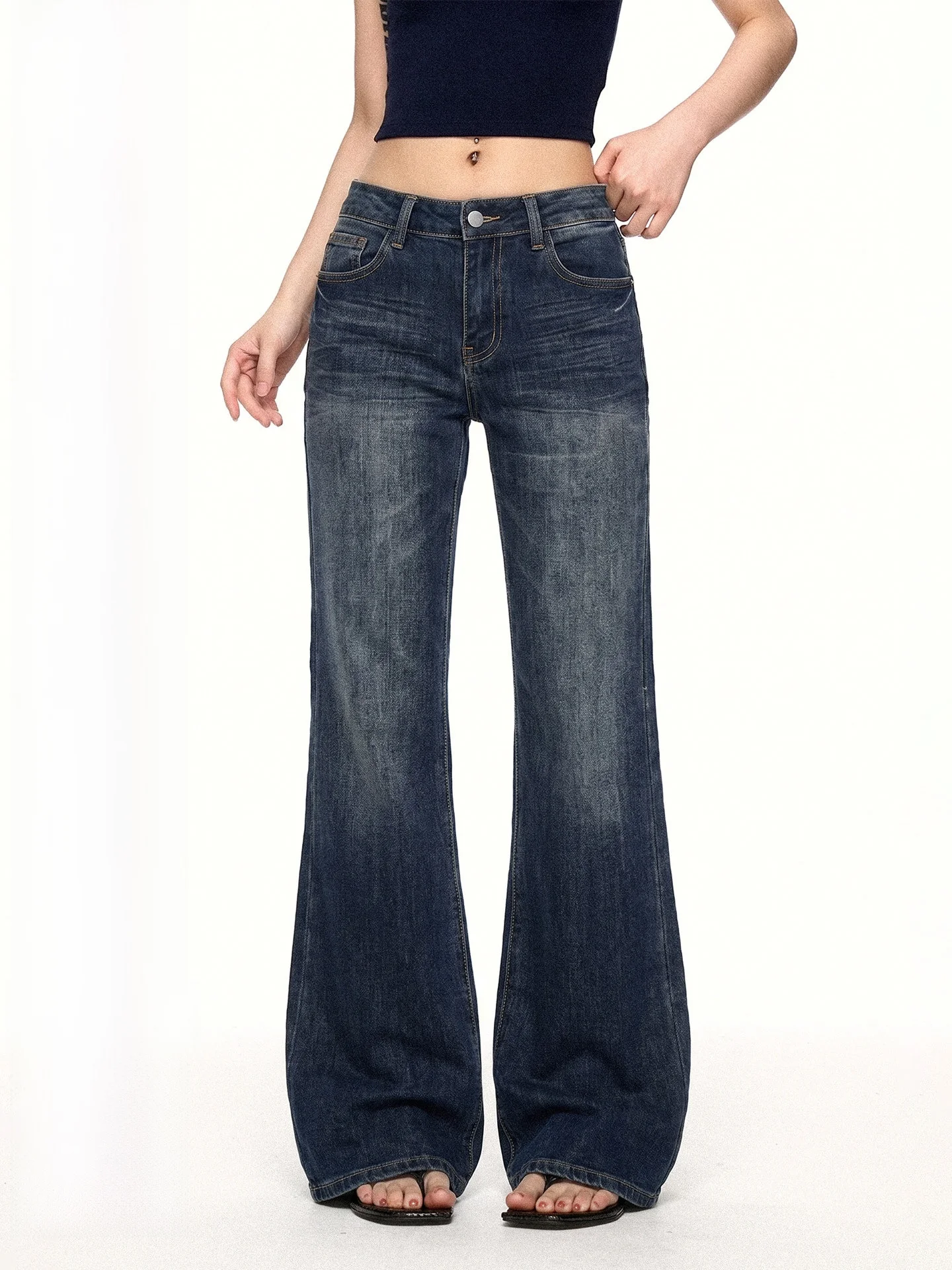 Aaisup Low Waist Elastic Versatile Blue Grey Denim Jeans Women's Heavy Duty Washed Back Paris Buckle Long Trousers