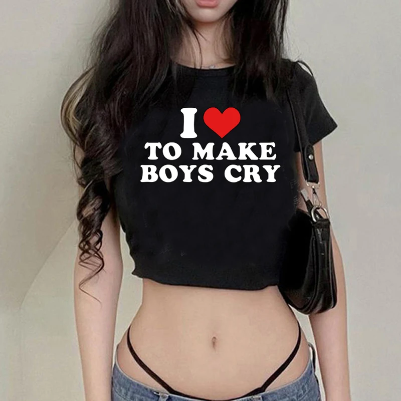 Harajuku Letter I Love To Make Boy Cry T-Shirt Short Sleeve Crop Tops Women Y2k Aesthetic Streetwear Cropped Tops Tee Female