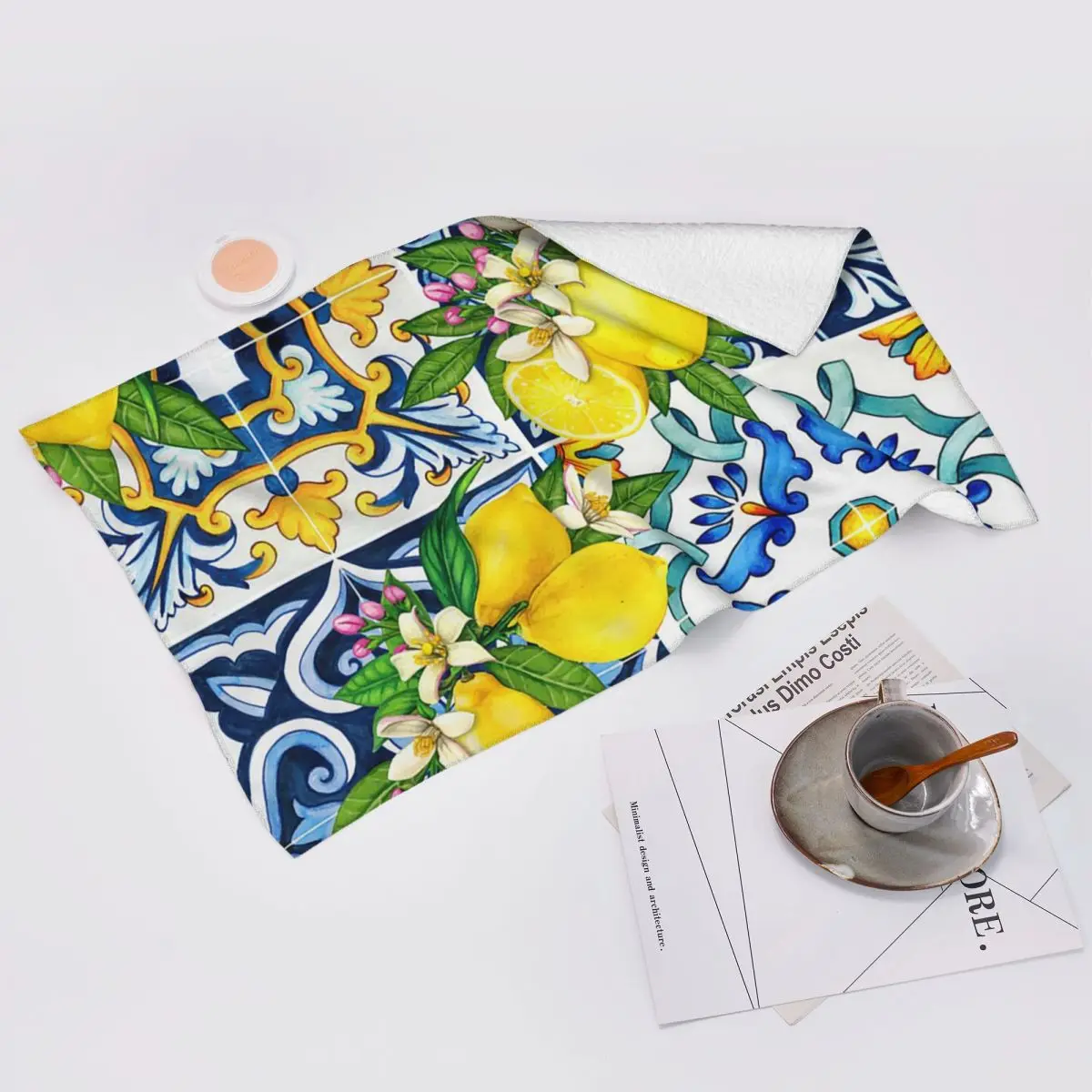 Custom Bright Mediterranean Sicilian Tiles With Citrus Lemons Soft Face Towel Quick Dry Pool Bath Cotton Towels Absorbent