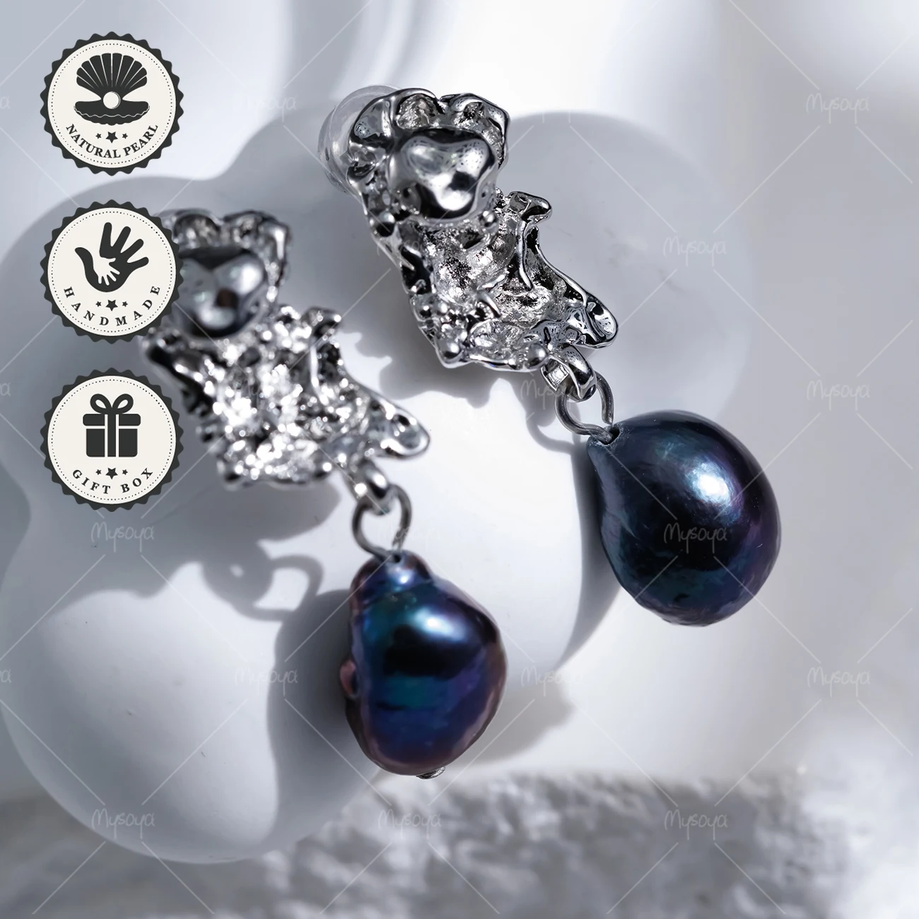 

Серьги-гвоздики MYSOYA с черным барочным жемчугом 8-9 мм, серебристые, в подарочной коробке, подарок на день рождения, подарок на День святого Валентина
