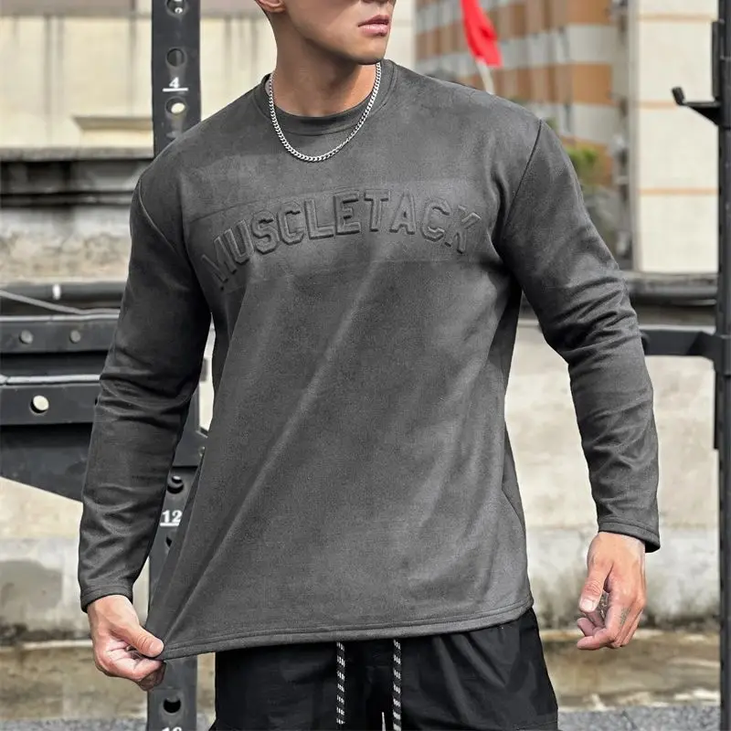 Spring and autumn new fashion street trend long-sleeved men's T-shirt casual shirt concave logo design ahead of men