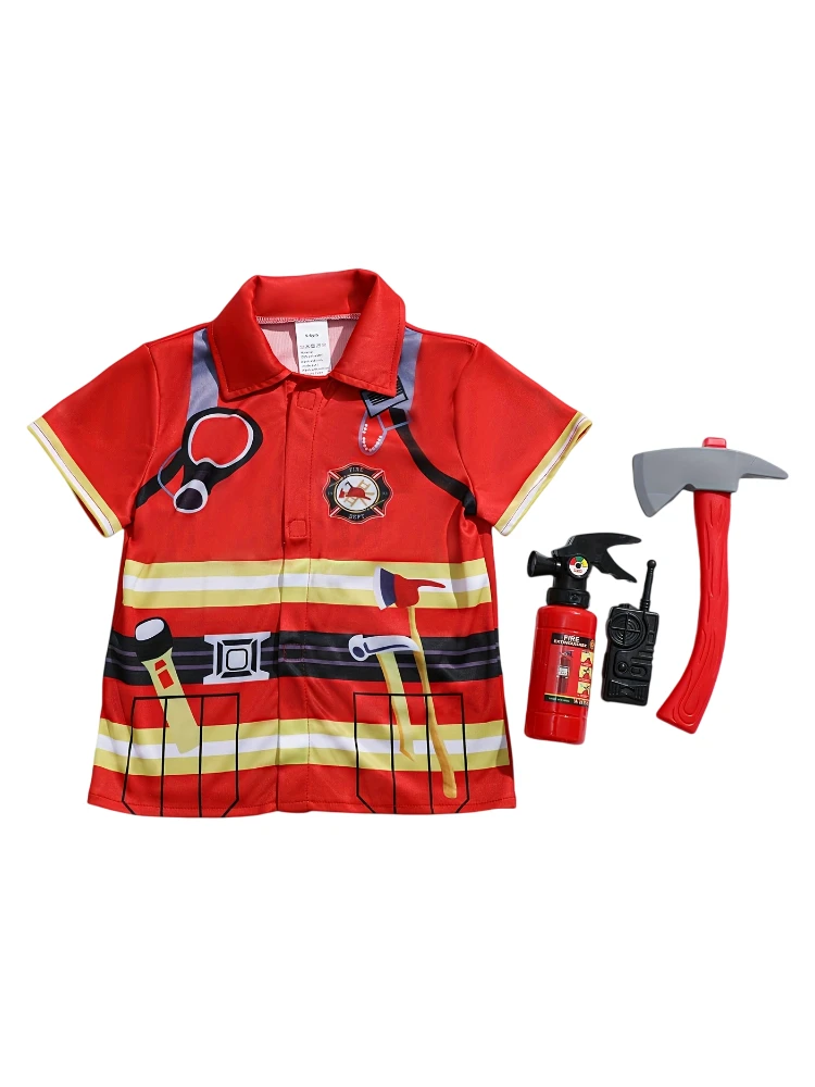 Kids Firefighter Style Shirt with Toy Accessories, Children Short Sleeve Themed Top Set - view 3