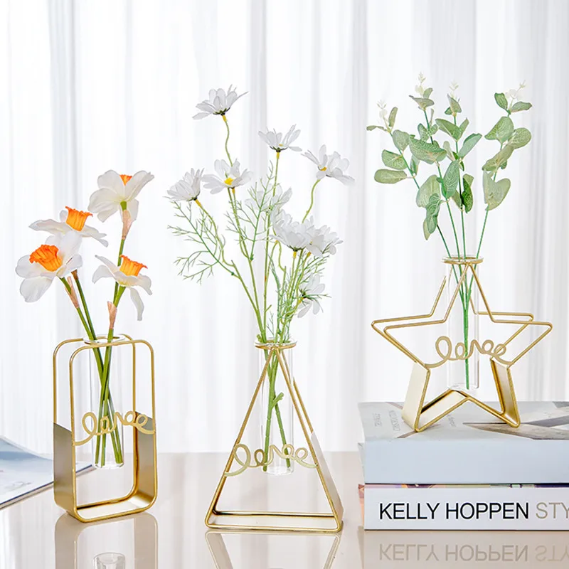 

1pc Hollow Iron Vase Hydroponic Dried Flower Art Glass Test Tube Metal Holder for Home Office Living Room Decoration
