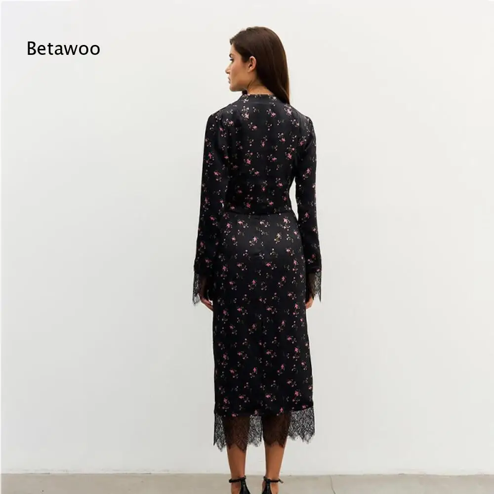 Black Base Pink Tiny Floral Satin Two Piece Set Front Tie Crop Top Lace Cuff High Waist Lace Hem Midi Skirt