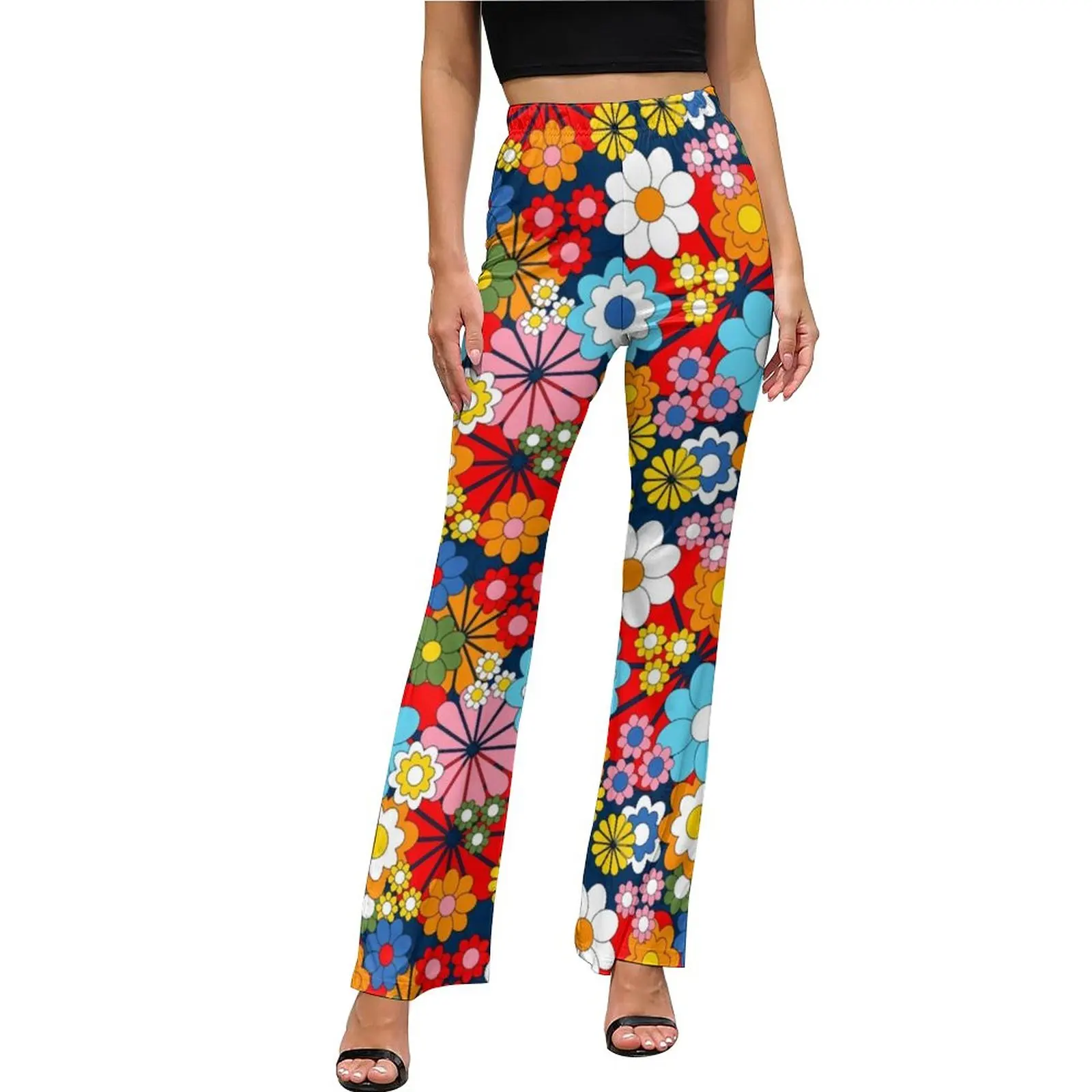 Blue Retro Bright A-Line Dress Pants Modern Flared Trousers Summer Ladies Pattern Streetwear Slim Fit Pants