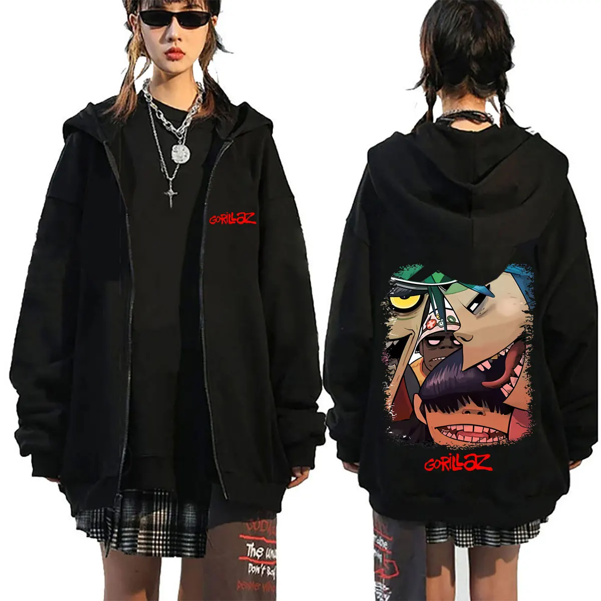 Rock Band Gorillaz Double Sided Print Zipper Hoodie Men Women Clothing Hip Hop Fashion Zip Up Jacket Oversized Zip Up Hoodies