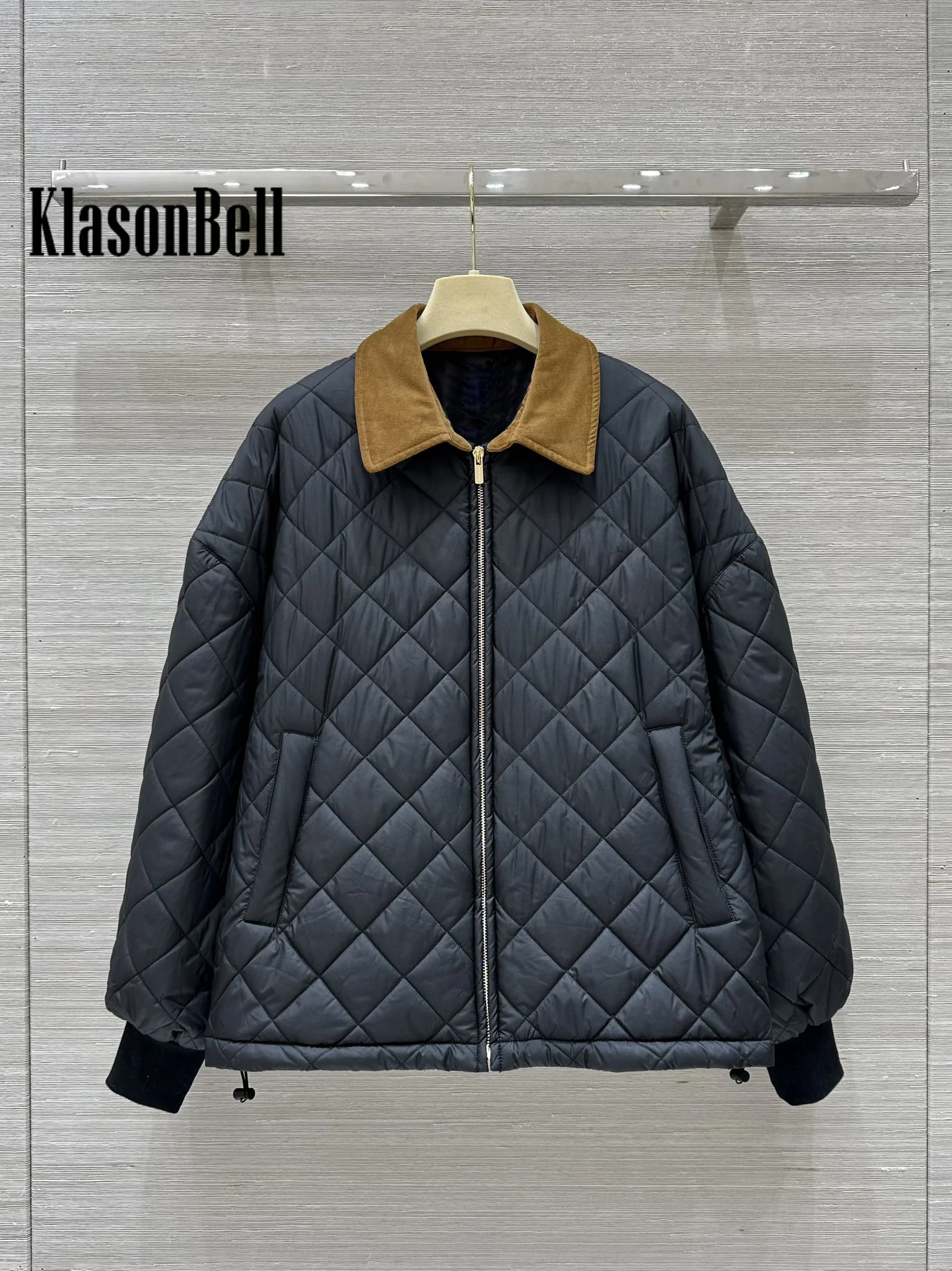 9.8 KlasonBell Women 2024 Autumn Winter New Quilted Argyle Plaid Corduroy Lapel Spliced Parkas Hem Adjustablewstring Design Coat