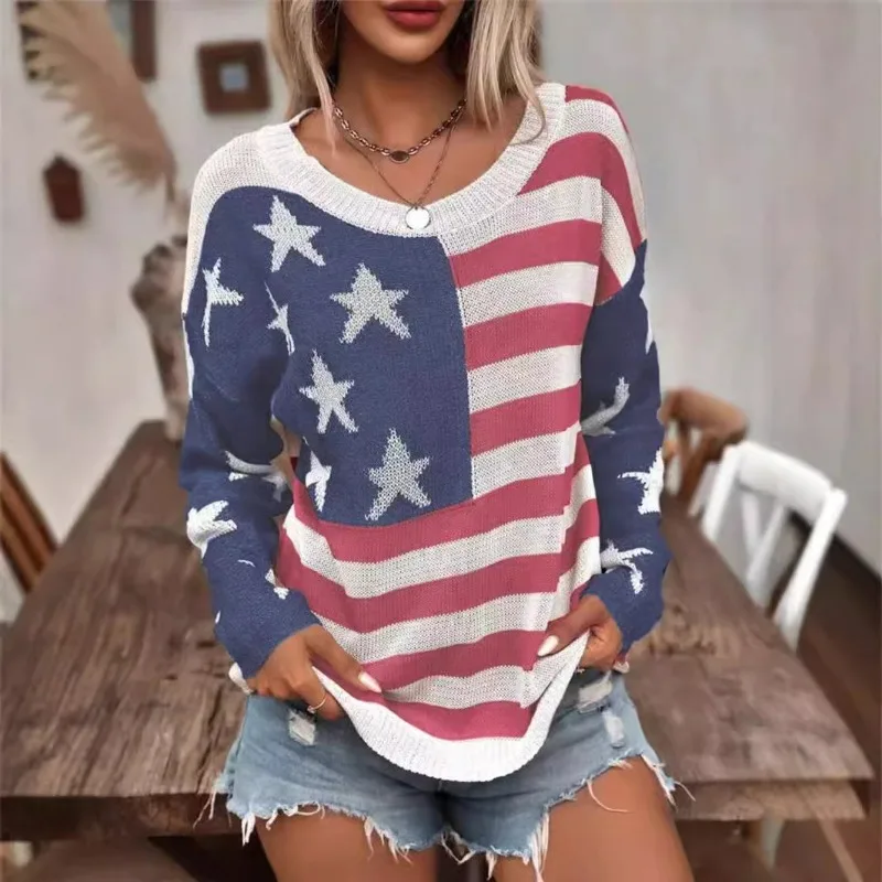 Personality Women's Casual Striped Color Blocked National Flag Knitted Sweater 2024 Autumn New Fashion Women Loose Knit Pullover