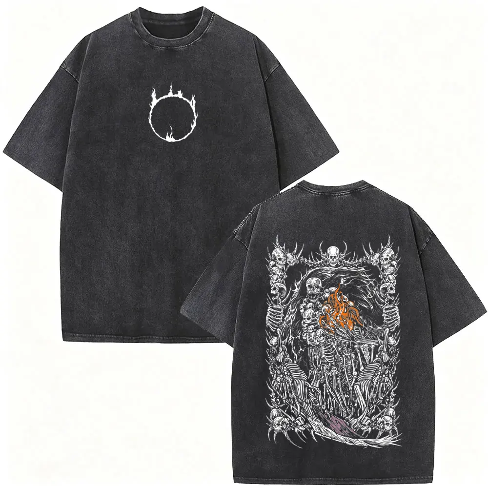 Dark Souls High Lord Wolnir Skelett Vintage Washed T-Shirt für Männer und Frauen, Retro Gothic Rock Streetwear, Übergroße T-Shirts für Männer – Detail 3