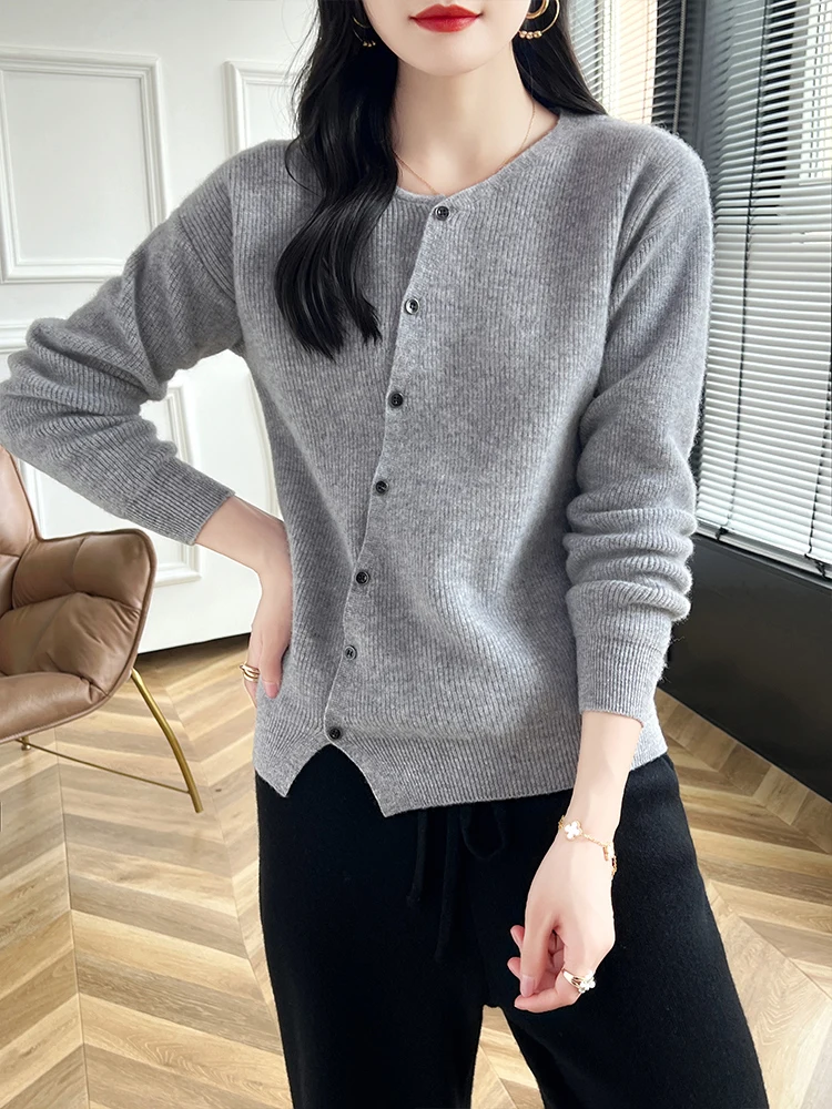 New Chic 100% Merino Wool Cardigan For Women Spring Autumn Winter Soft Warm Pure Colour Cashmere Sweater Korean Fashion Tops