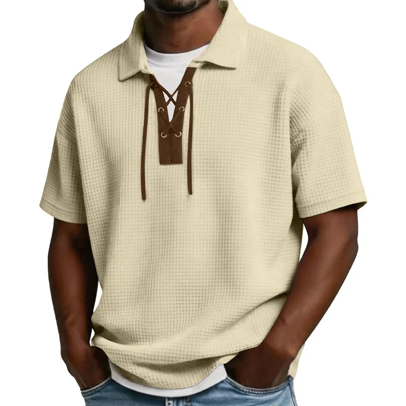 European American Men Waffle Knit Lace Up Collar Polo Shirt Loose Short Sleeve Summer Casual Top S 5XL