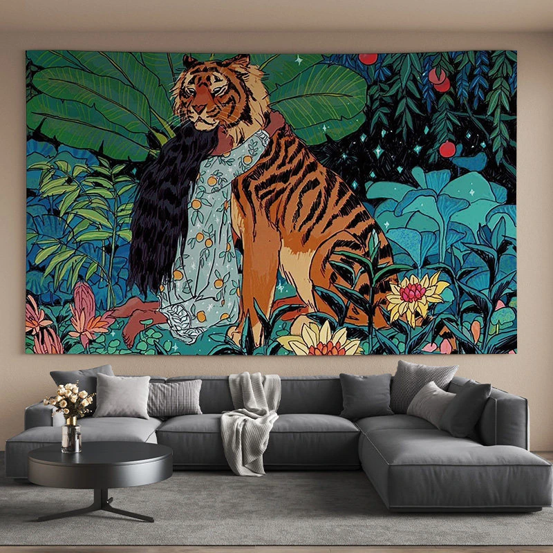 VIKAMA Wandteppich mit Tiger- und Dschungelmotiv, ästhetisches Tiermotiv, Polyester-Wandbehang für Schlafzimmer, Wohnzimmer, Wohnheim, Boho-Natur-Heimdekoration