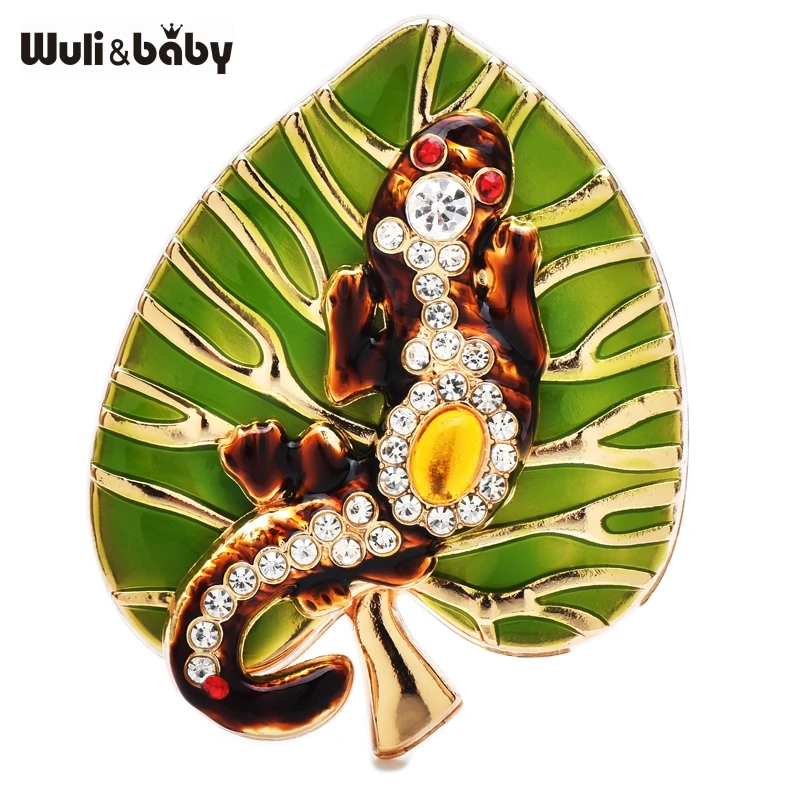 Wuli&baby Cute Gecko And Leaf Brooches For Women Unisex Interesting Enamel Lizard Stay Plants Party Casual Brooch Pins Gifts