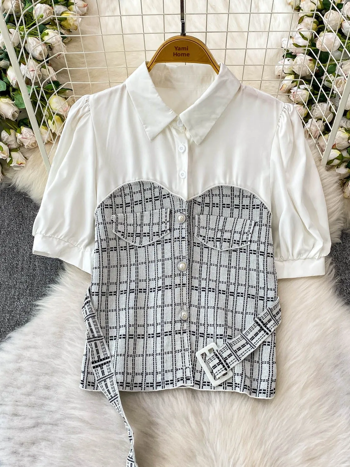 

Ele Chiffon Plaid irt Женские модные брюки с разрезом на талии, комплект из двух предметов, воротник на пуговицах Све L...