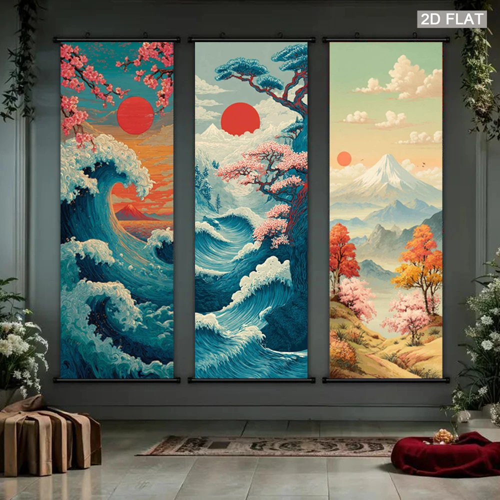 VIKAMA Japanese Ukiyo-e Wave Tapestry, Mount Fuji Cherry Blossom Red Sun Wall Scroll, Ocean View Poster, Home Wall Hanging Decor